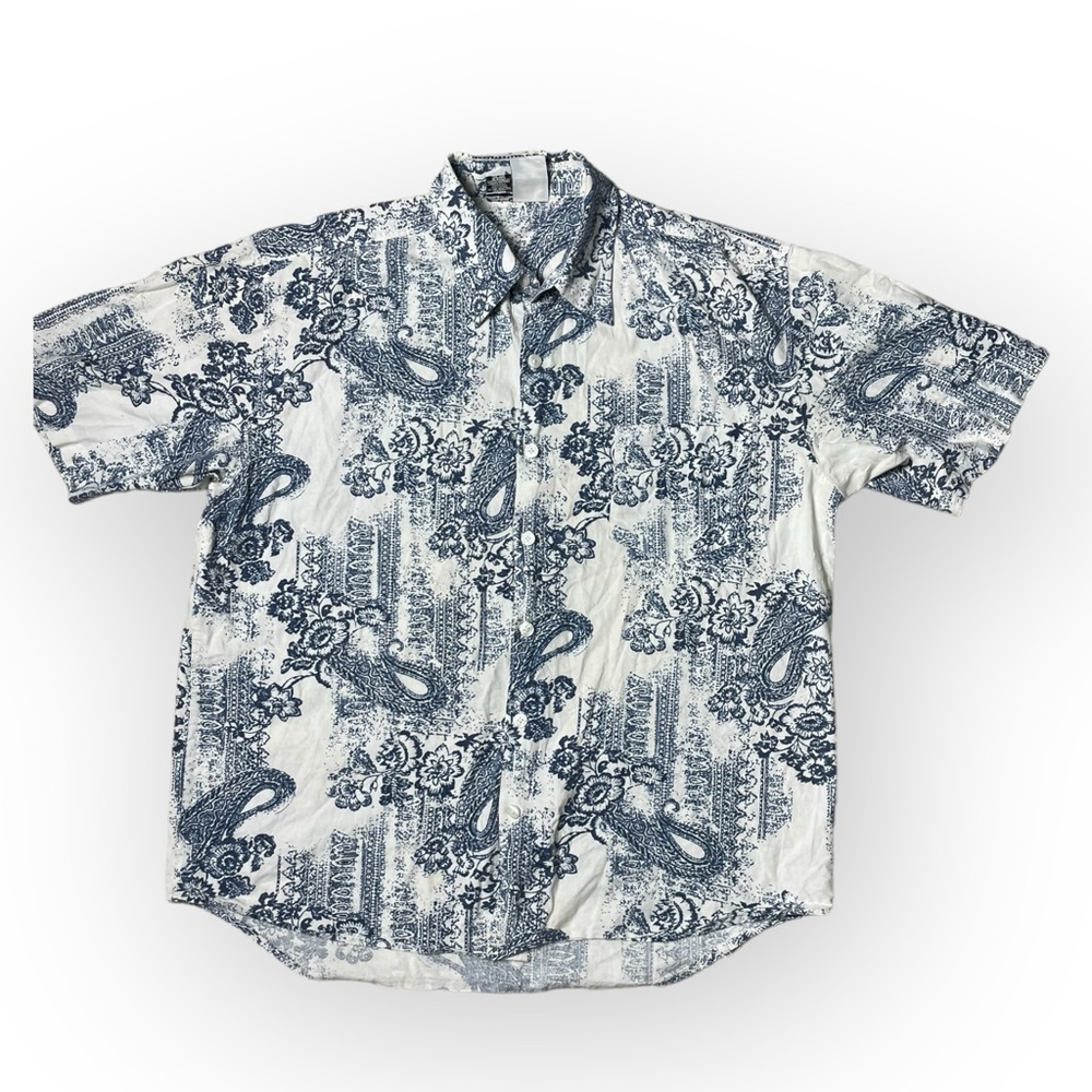 Kennington Blue Floral Button Up Hawaii Shirt Mens Size L Short Sleeve Cotton